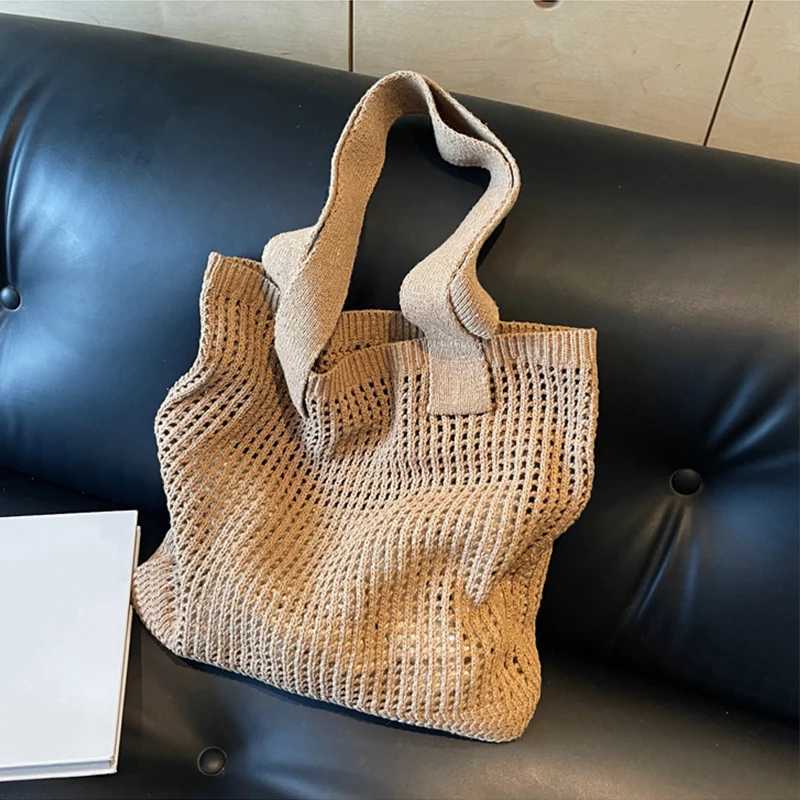 Women Solid Color Knitting Shoulder Bag Aesthetic Hobo Bag Large Capacity Crochet Tote Bag Ladies Daily Handbag
