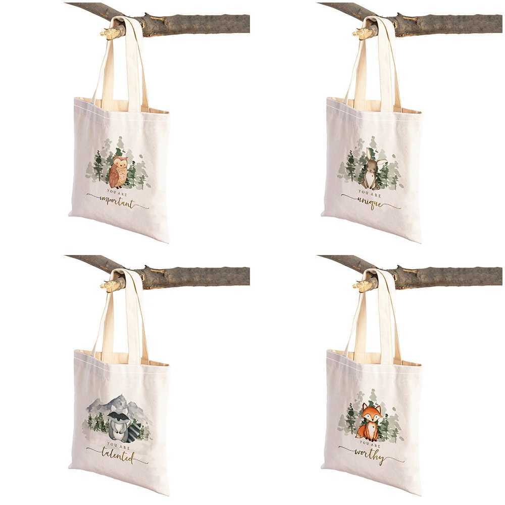 Bear Fox Rabbit Owl Shopping Bag Childrens Gift Cartoon Animal Double Print Reusable Canvas Girl Shopping Bag Womens Handbag Z250224