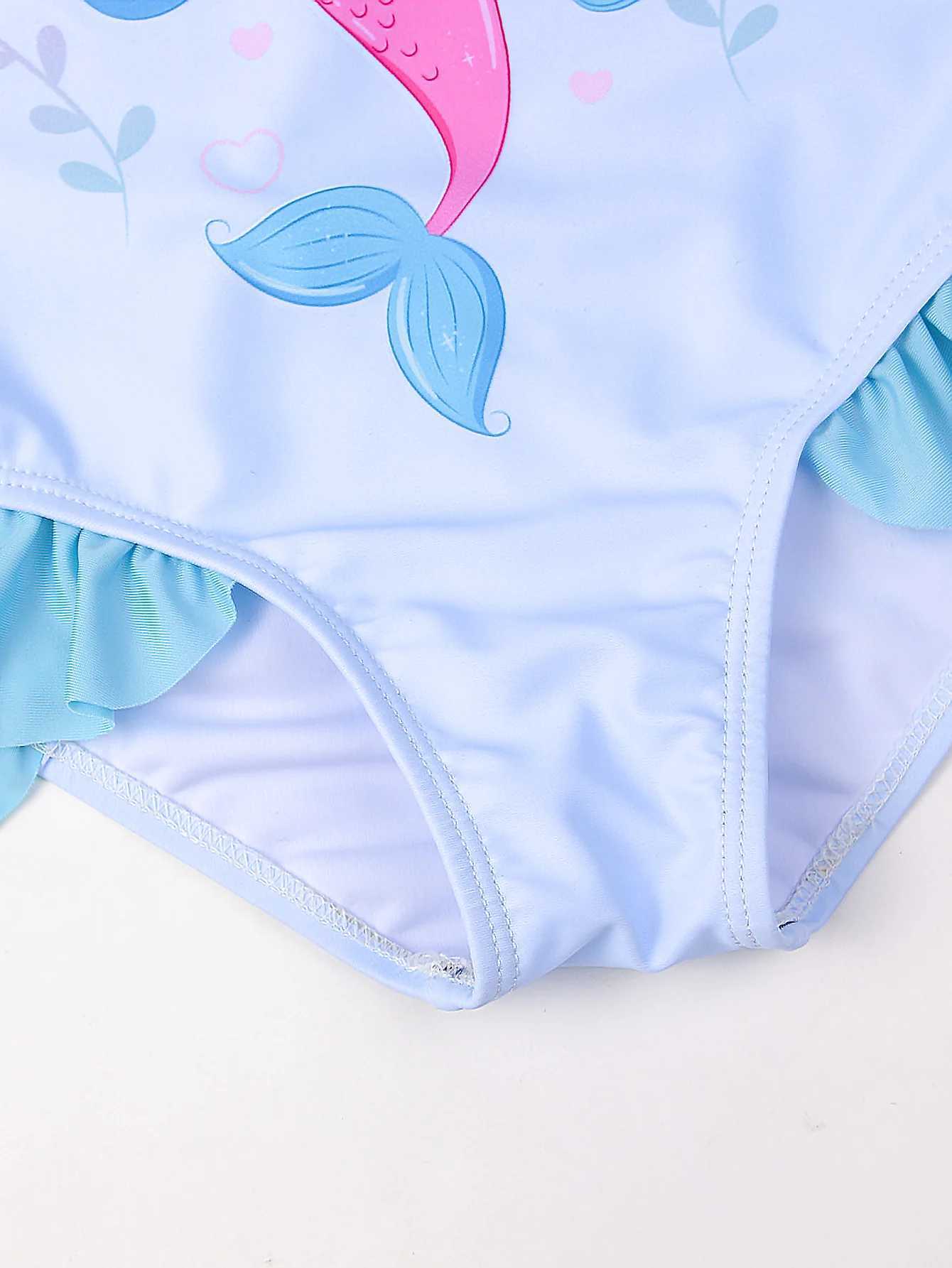 Girls Blue cartoon Cute Mermaid Graphic Ruffles Patchwork One Piece Swimsuit Swimwear Kids Summer Beach Bathing Suit X250224