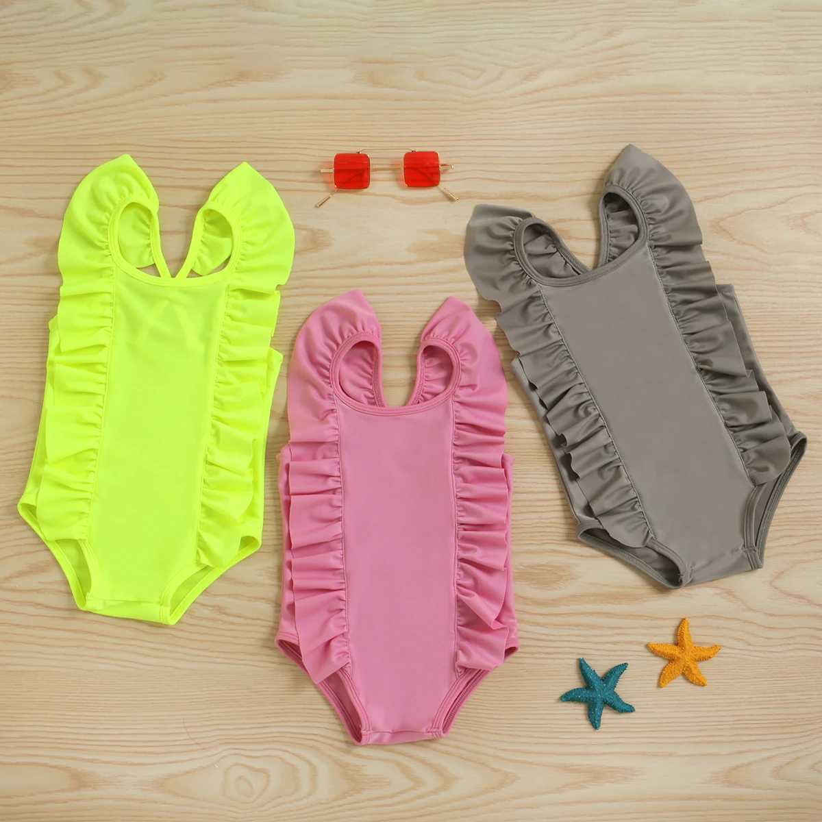 Spring and summer festival girl baby lace flying sleeve pink gray green tricolor fashionable swimsuit X250224