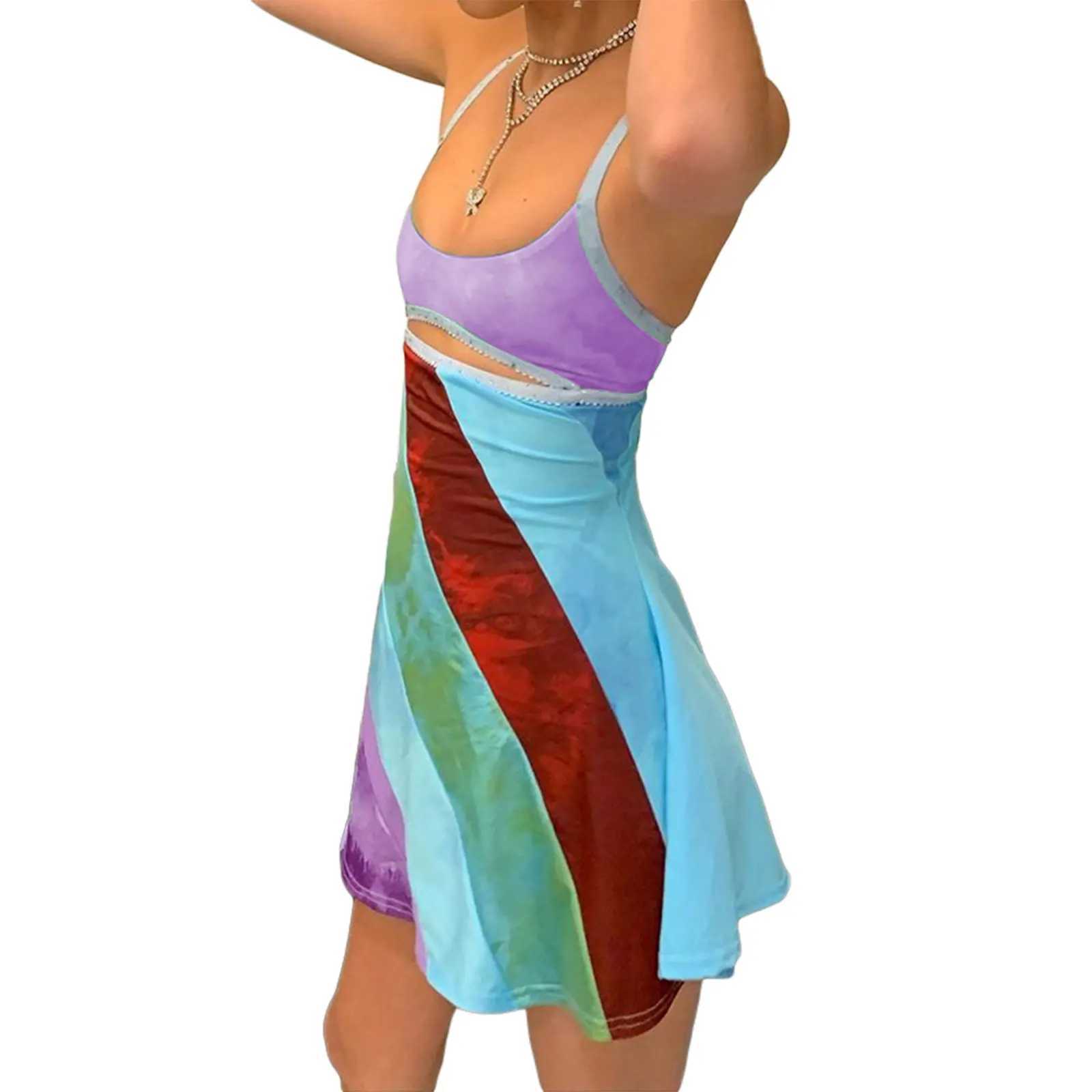 Luioyercxi New Womens Fashion Casual Sweet Suspender A-line Dress Fashion Contrast Color U-neck Hollow Short Dress StreetwearXJ250224