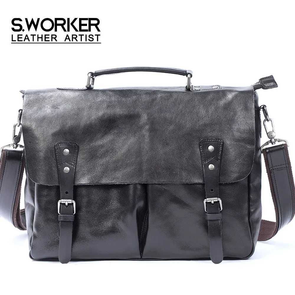 S.WORKER Fashion Genuine Leather Shoulder Bag Mens Casual Messenger Bag Cross Body Bag Soft Cowhide Leather Shoulder Bag Z250225