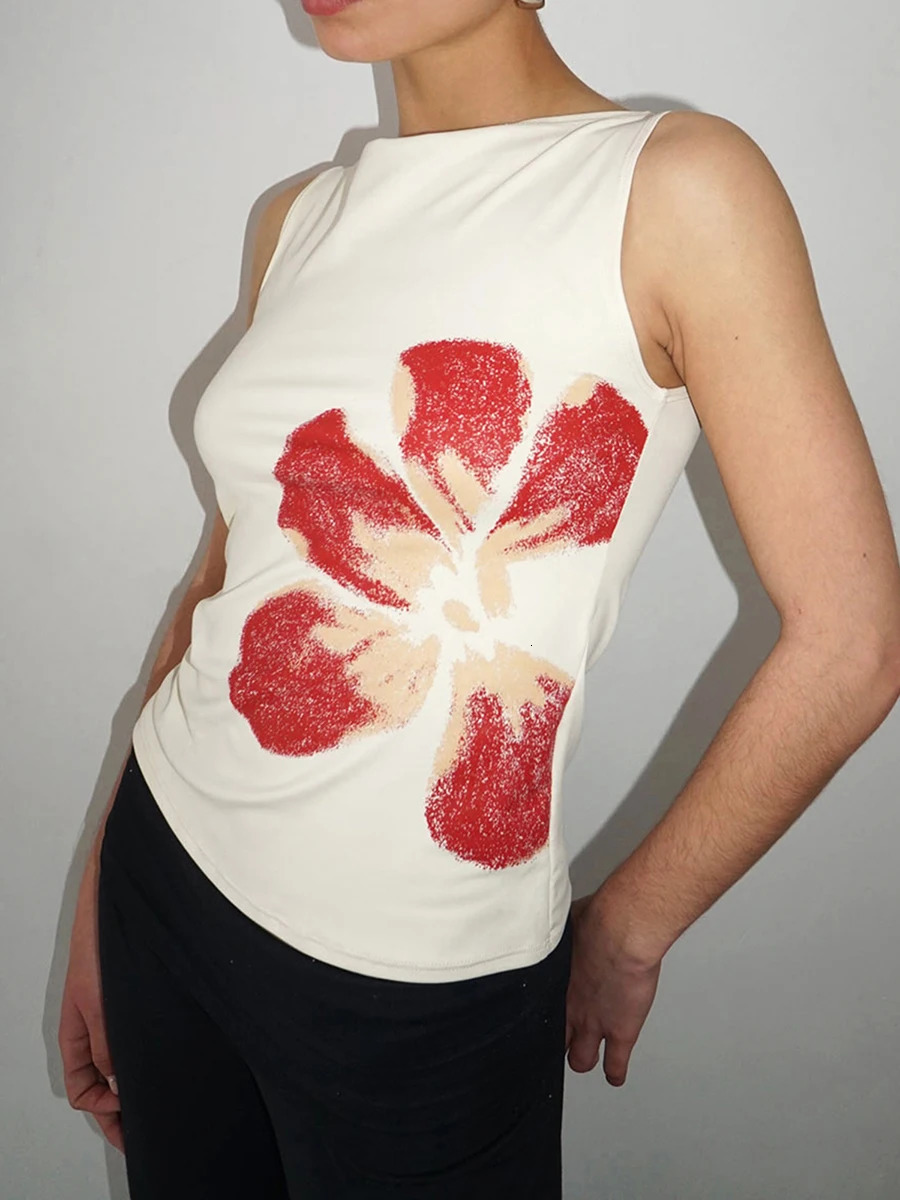 2024 Fashion Womens Crop Tank Tops Fitted Flower Print Boat Neck Sleeveless Summer Tops for Party Club 250224