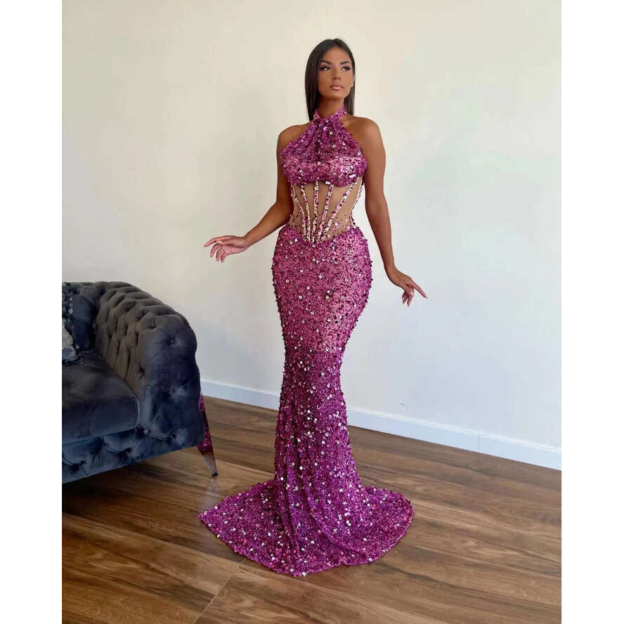 Mermaid Fuia Prom Pageant Dress Halter Heavy Crystal Sequins See Through Evening Night Gowns Formal Party Dresses Robe De Soiree