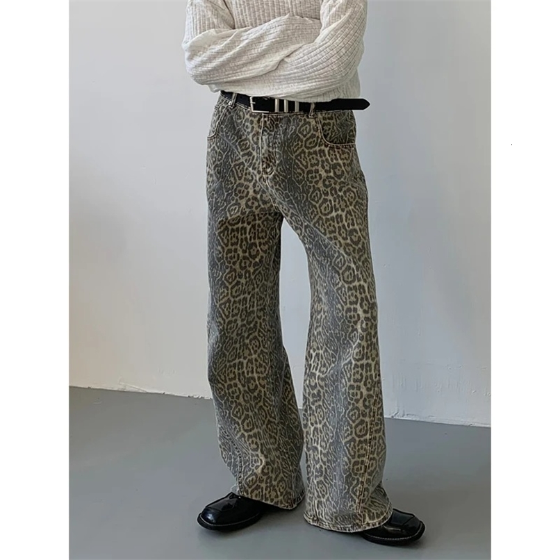 Womens Jeans Leopard High Waist Hip Hop Straight Fashion Pants Streetwear Harajuku Y2K Style Female Wide Leg Denim Trousers 250206