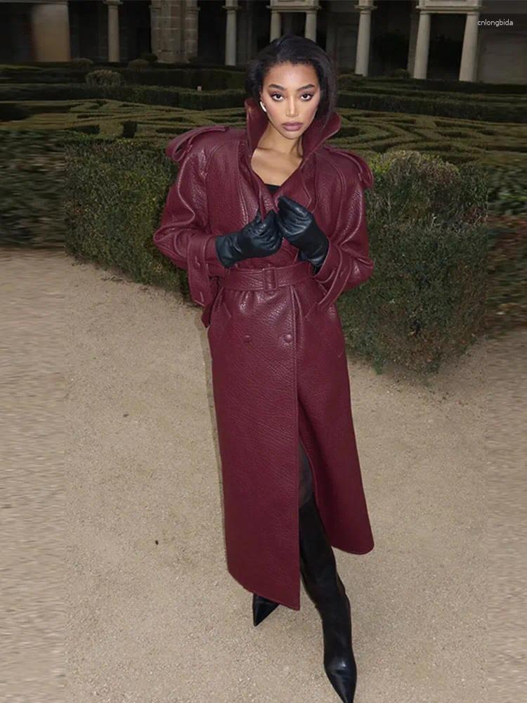 Women's Trench Coats High Street Leather Trenchcoat Women 2025 Early Spring Fashion Lapel Full Sleeves Double Breasted With Belt Female PU LETHER