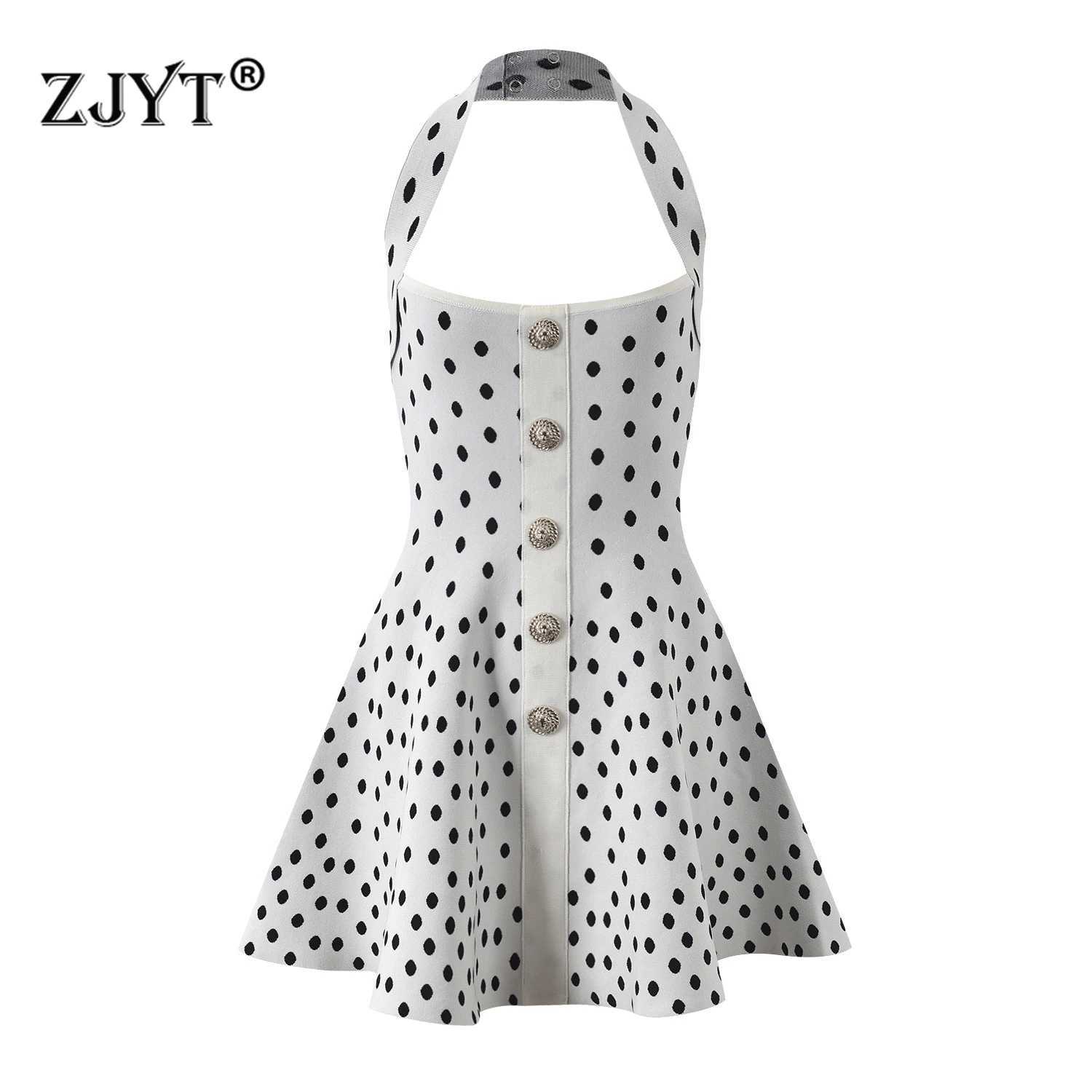 ZJYT Summer Knitting Polka Dot Mini Dress Women He Halter Neck Sexy Backless Short Party Dresses Holiday Fe DressesXJ250224