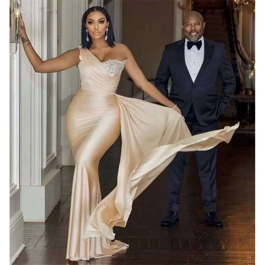 African Champagne Satin Evening Dresses One Shoulder Appliques Beaded Elegant Formal Party Prom Gowns For Bride Robe De Soiree