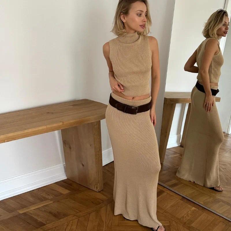 Work Dresses Tuularose Elegant Long Skirt Two-piece Set Women's Sleeveless Knitted Turtleneck Vest Slim 2025 Fashion