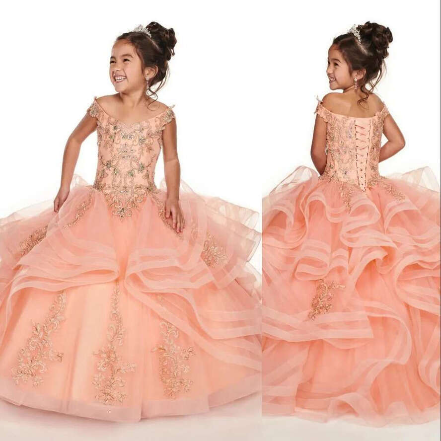 Cheap Royal Blue Peach Girls Pageant Off Shoulder Gold Lace Embroidery Beaded Wer Girl Dresses Kids Wear Birthday Communion Dress