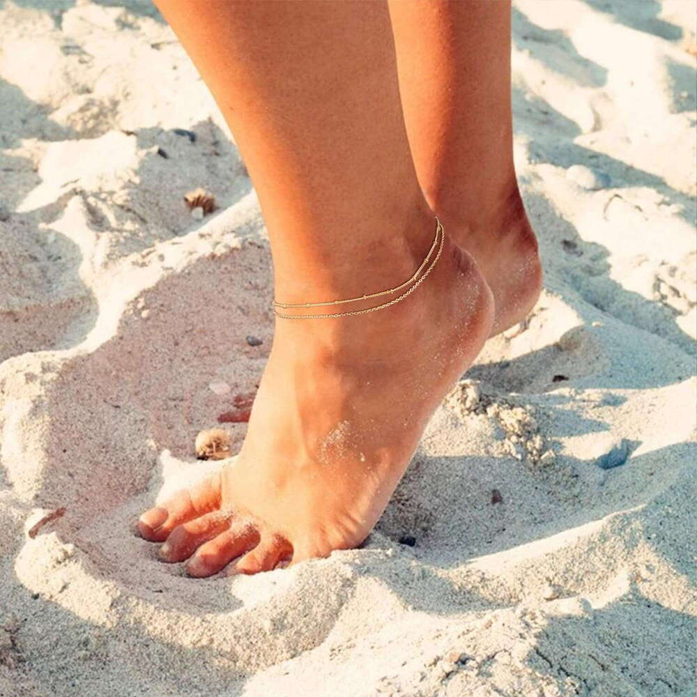 kle Bracelet,Tiny Bead Anklet Dainty White Cubic Zirconia Cross Tassel Chain Cute Lucky Moon Evil Eye Foot Jewelry Boho Anklets for Women