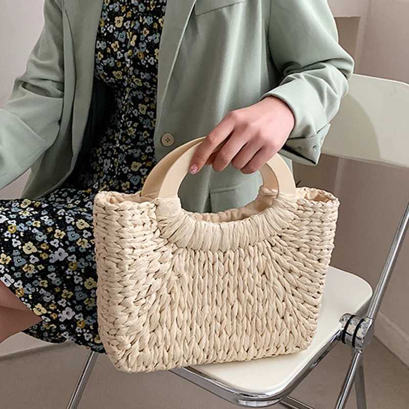 Wooden Handle Straw Bag For Women Handmade Woven Top-handle Bag Vacation Seaside Beach Bag Basket Casual Shopping Totes Basket