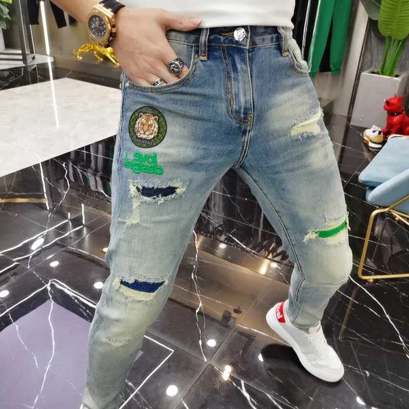 Men's Jeans New Mens Ripped Splice Jeans Embroidery Skinny Pants High Quality Slim Vintage Blue Hip Hop Jeans Streetwear Mens Denim Trousers z250