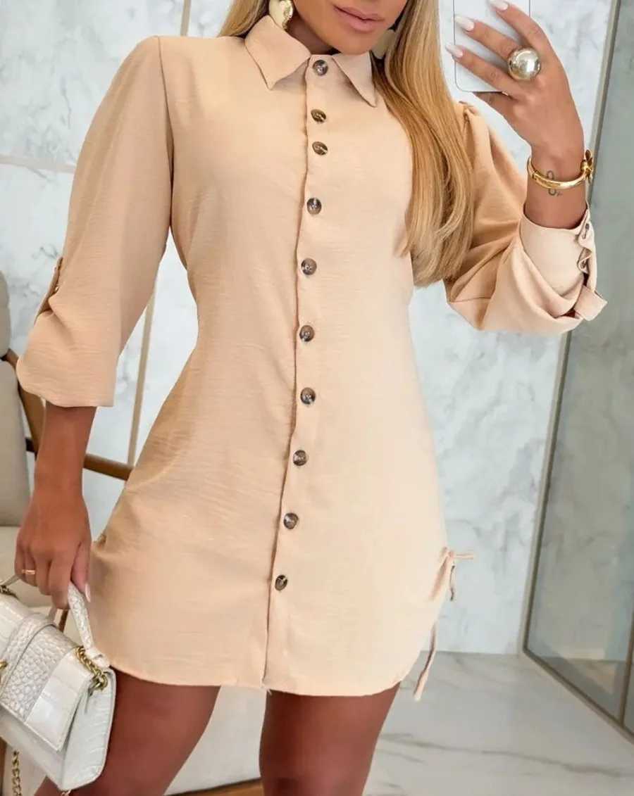Womens Fashion Summer Minimalist V-neck Button Up Dress Woman Cotton Linen White Short Swed Pocket Casual Loose Shirt DressXJ250224
