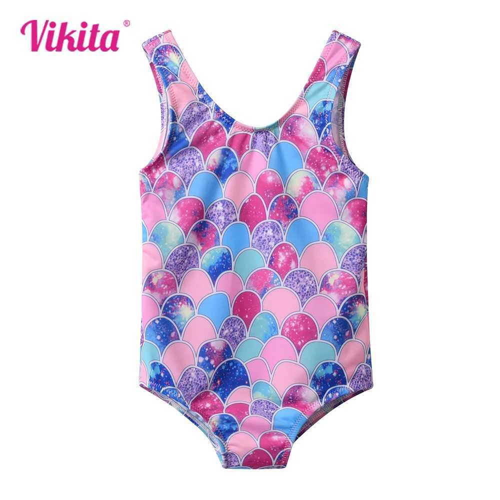 VIKITA Kids Mermaid Print Colorful Swimsuit One Piece Girls Backless Bathing Suits Children Swimwear Kids Travel Beachwear 4-10Y X250224