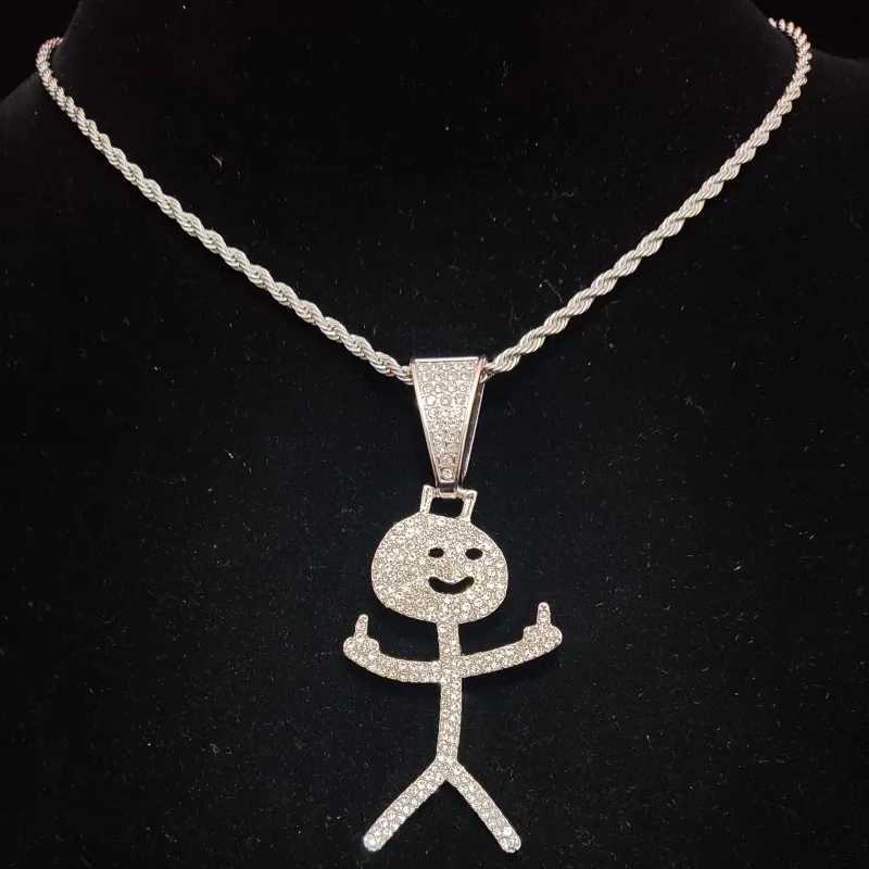 Mens Hip Hop Stickman Middle Finger Pendant Necklace Fashion HipHop d Out Bling Funny Pendants Necklaces Charm Jewelry X250224