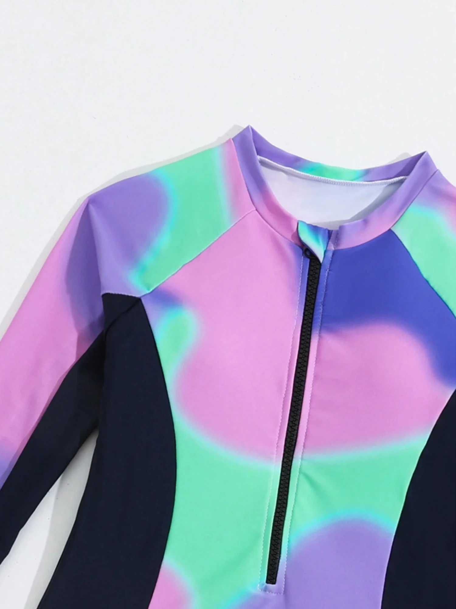 Kids Girls Two Pieces Rash Guard Swimsuit Swimwear Zip Front Long Sleeve Swim Jumpsuit with Shorts Set Summer Beach Bathing Suit X250224