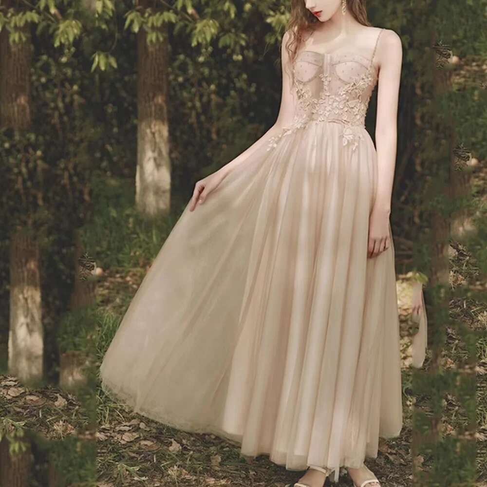 Stylish Champagne Spaghetti Appliques Night Back Lace Up Ankle And Fashion Princess Dress Ball Party prom Dresses