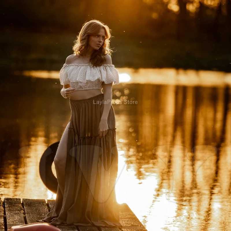 Maternity Photo Shoots Dresses For Baby Shower Boho Special Occasion Photography Dress for Vintage Lace Top Cotton Skirt 2 PC See X250224