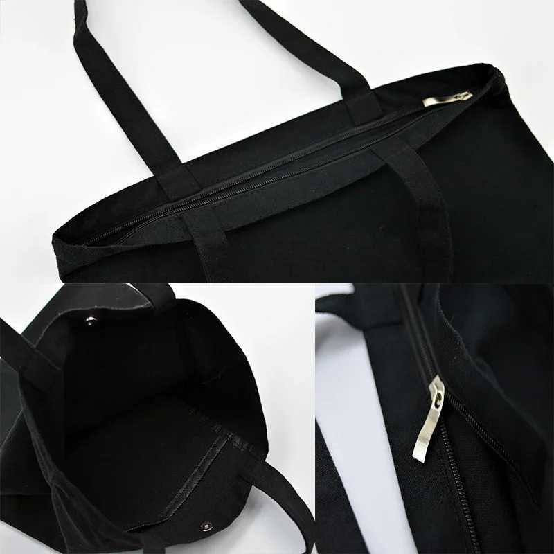Fashionable custom shopping bag zippered shopping handbag womens eco-friendly reusable canvas bag black white beige Z250224