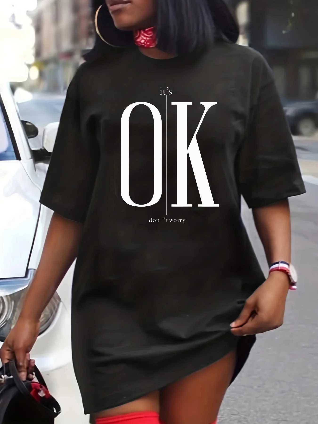 Womens summer leisure dont worry print lipstick print loose round neck short sved T-shirt dressXJ250224