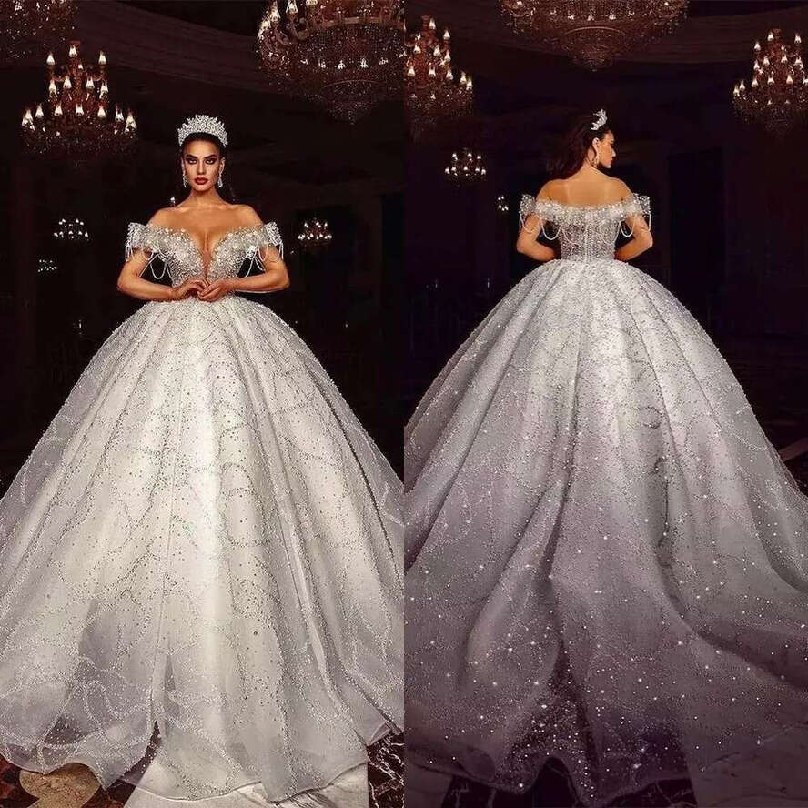 Princess Ball Gown Wedding Dresses Appliques Deep V Neck Off Shoulder Sleeveless Sequins Beads Lace Ruffles Or Length Shiny Bridal Gowns Plus Size Cus
