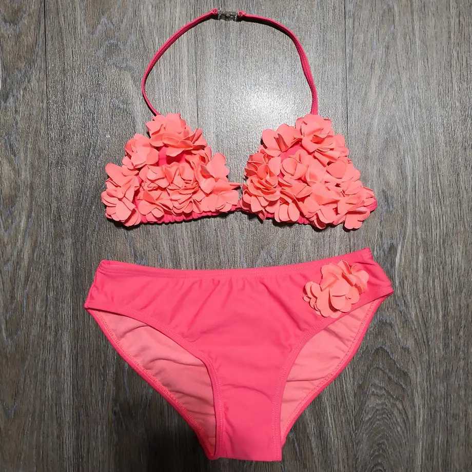 8-14 Years Childrens Two Piece Swimwear Pink Baby Girl Bikini 3D Flower Girl Swimsuit Kids Teenager Girl Bathing Suit Swim Wear X250224