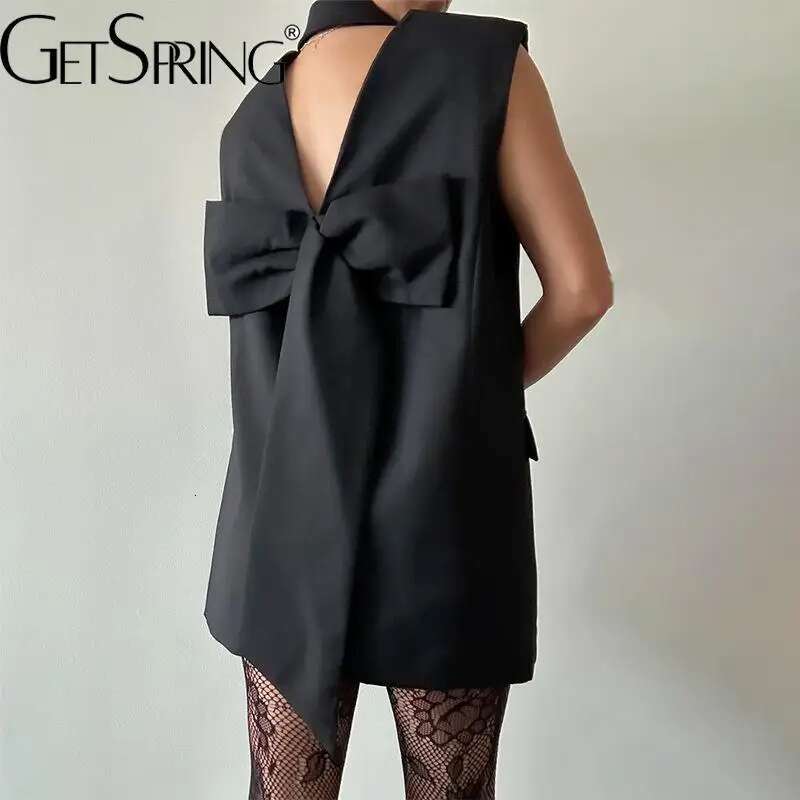 Getspring Women Dress 2024 Summer New Fashion Elegant Bow Sleeveless Backless Design Double Breasted Short Black Suit Dresses