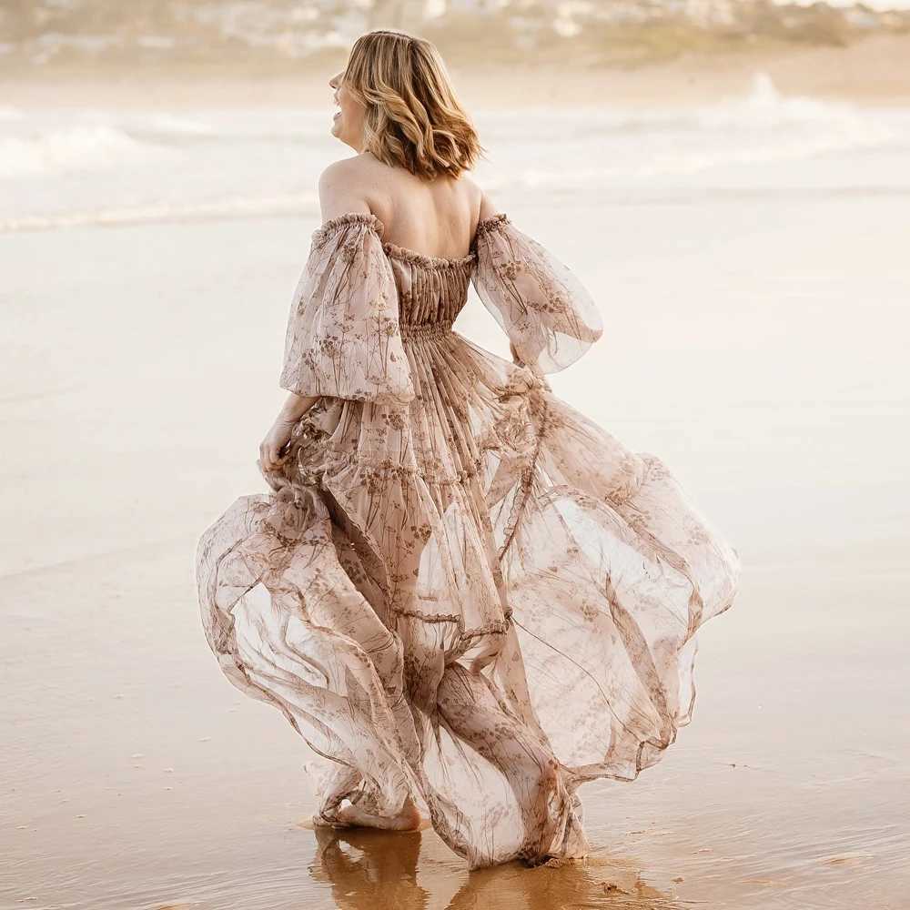 Printed Chiffon Long Sleeved Shoulder Material Photography Dresses Elegant Dress Photo Shoot Pregnant Dress For Women X250224