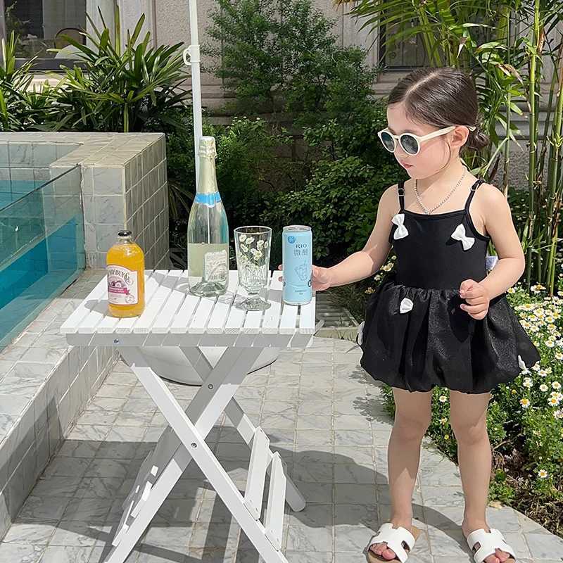 Girls Short Sleeve One Piece Swimsuit Swimming Cap Set Three Bow Suspenders X250224