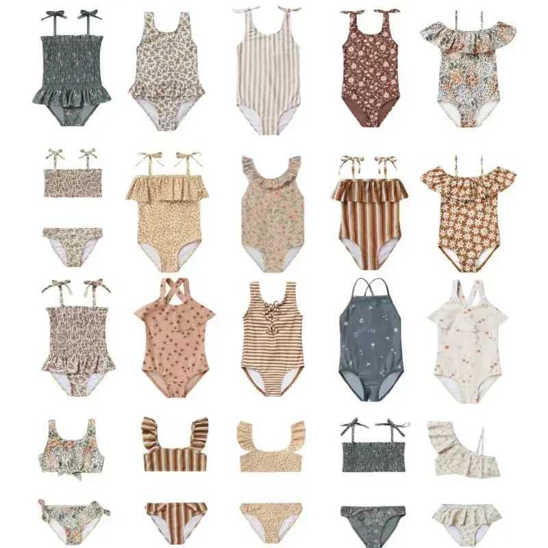2024 Matching New Girls Beach Hot Spring Vacation Childrens Clothing Style Floral Striped Sling One-Piece Swimsuit Kids Summer X250224