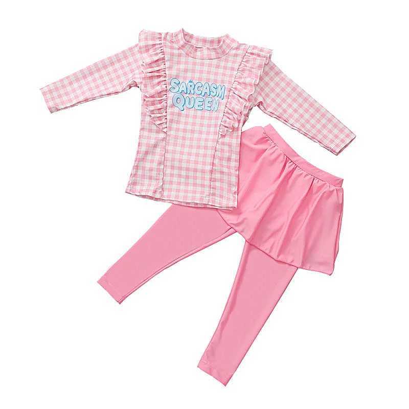 Girl Two Pieces Suit 2-11 Year Children Long Sleeve Long Pants Swimsuit 2023 Kid Cute Letter Print Swimwear Baby Bathing Suit X250224
