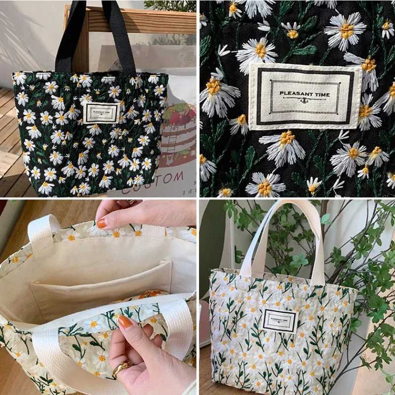Sweet Embroidered Womens Bag 2023 New Daisy Flower Canvas Handbag Snack Storage Bento Bag Hand Carry Mommy Bag Z250224
