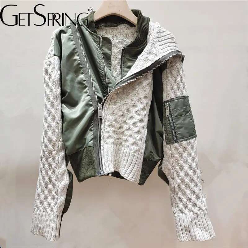 Getspring Women Jacket 2024 Autumn Winter Fashion Fake Two Side Zipper Turtleneck Sweater Ing Irregular Ladies Coat Tops