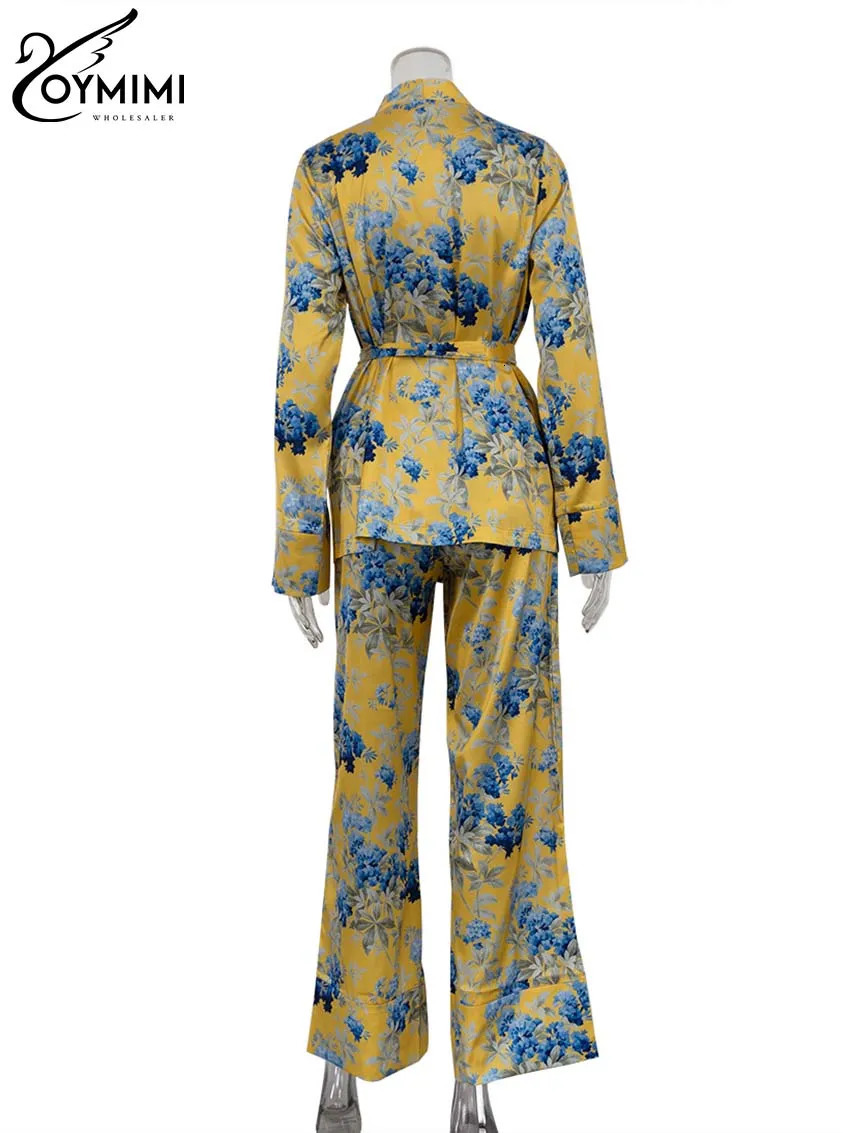 Oymimi Fashion Yellow Print Womens 2 Piece Outfit Set Casual Satin Long Sleeve Lace-Up Shirts And Drawstring Straight Pants Sets 250225