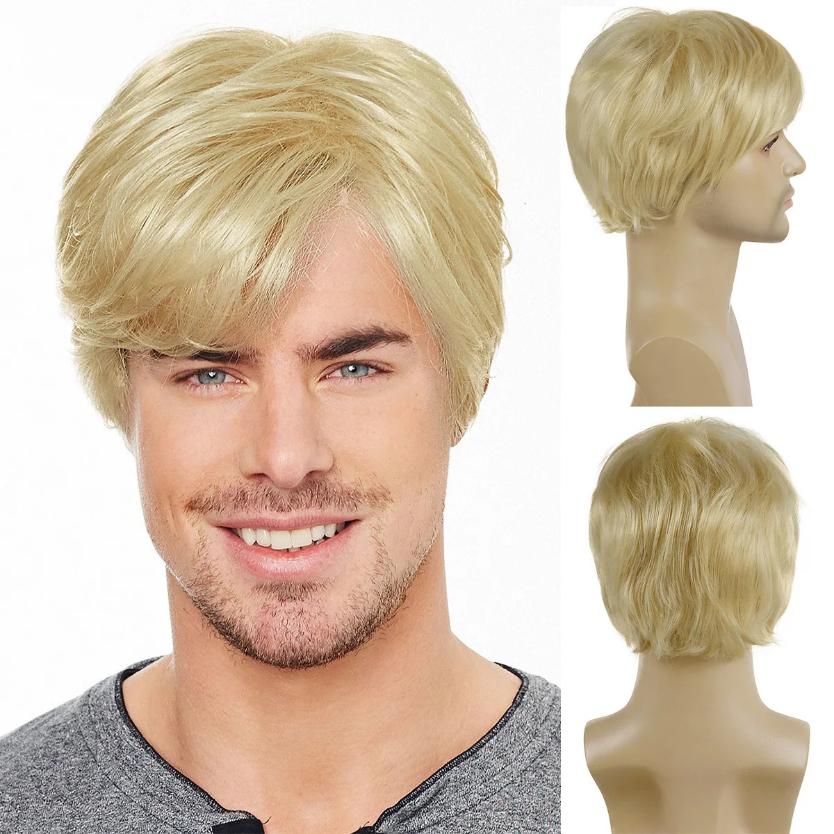 Synthetic Wigs for Men Short Haircuts Blonde Wig with Bangs Yellow Golden Cosplay Drag Wig Halloween Costume Party Casual Wigs 250224