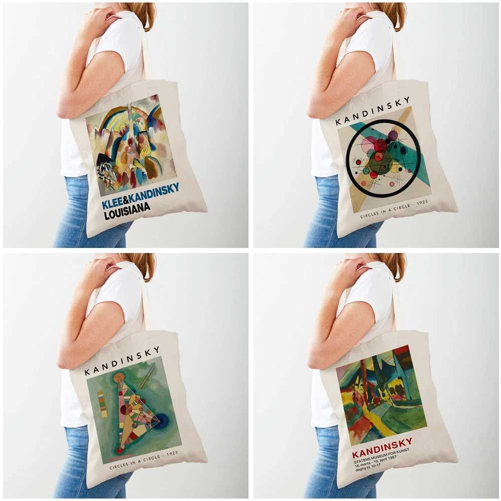 Double print fAshion shopping bag Kandinsky watercolor abstract modular womens handbag canvas womens shopping bag Z250224