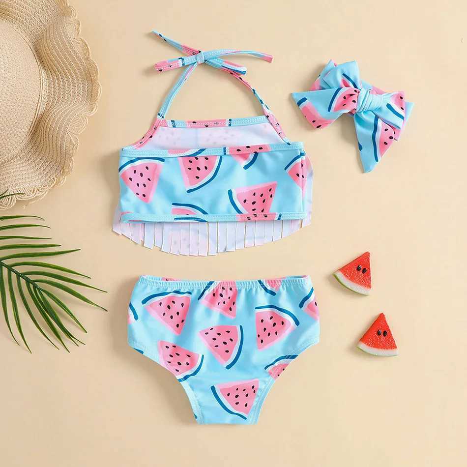 Childrens Swimsuits Watermelon Print Bag Suspender Blue Girl Swimsuit Set Cute Baby Hot Spring Beach Water Park Swimsuit X250224