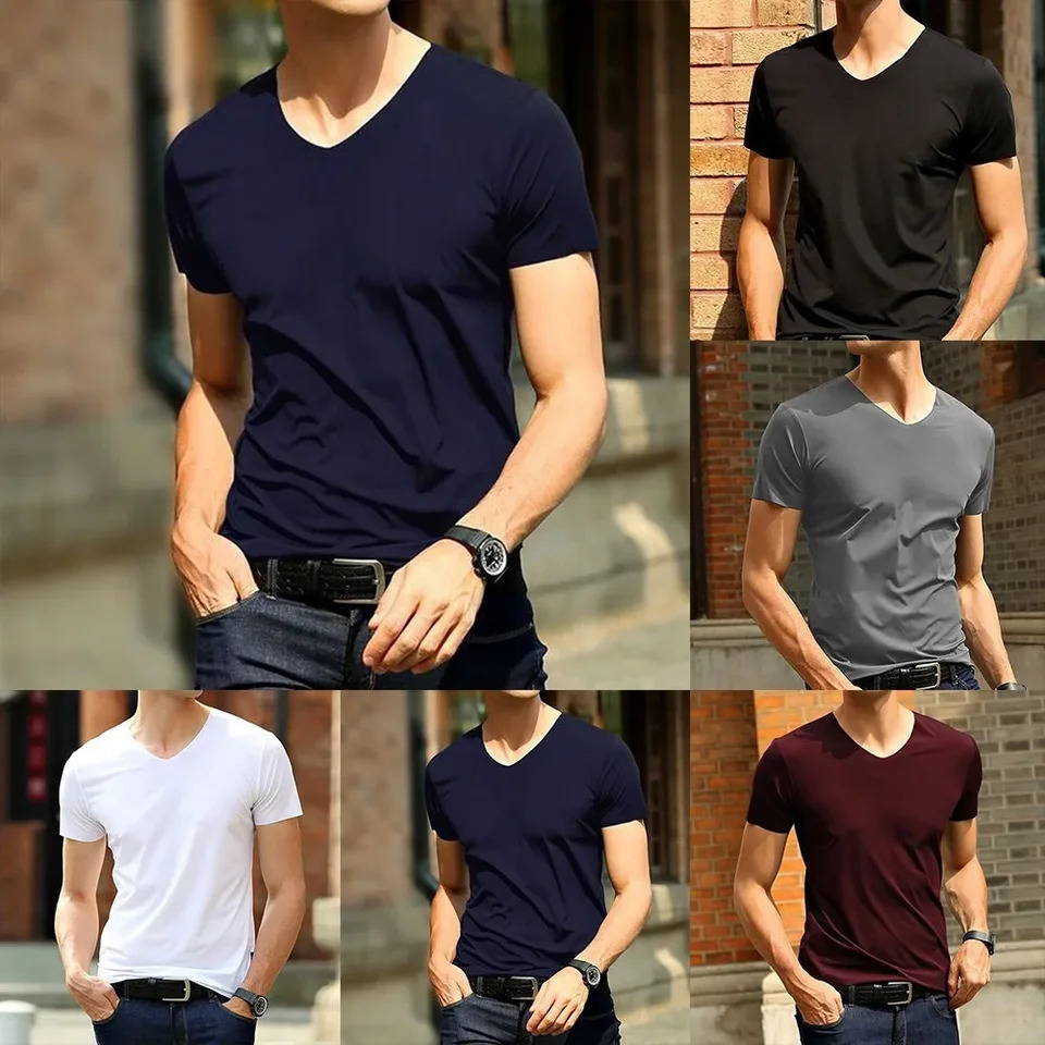 Mens T-shirt Ice Silk Seamless Short Sleeve Blouse Summer Cool V-Neck Slim Fit Everyday T Shirts Breathable Basic Clothing 250225