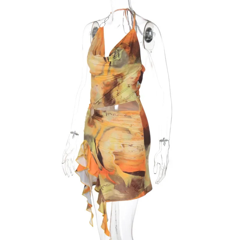 Bandage Halter Sexy Y2K Print Cut Out Party Club Mini Ruffles Dress Women Summer Tie Dye Backless Split Evening Dresses Outfits 250225