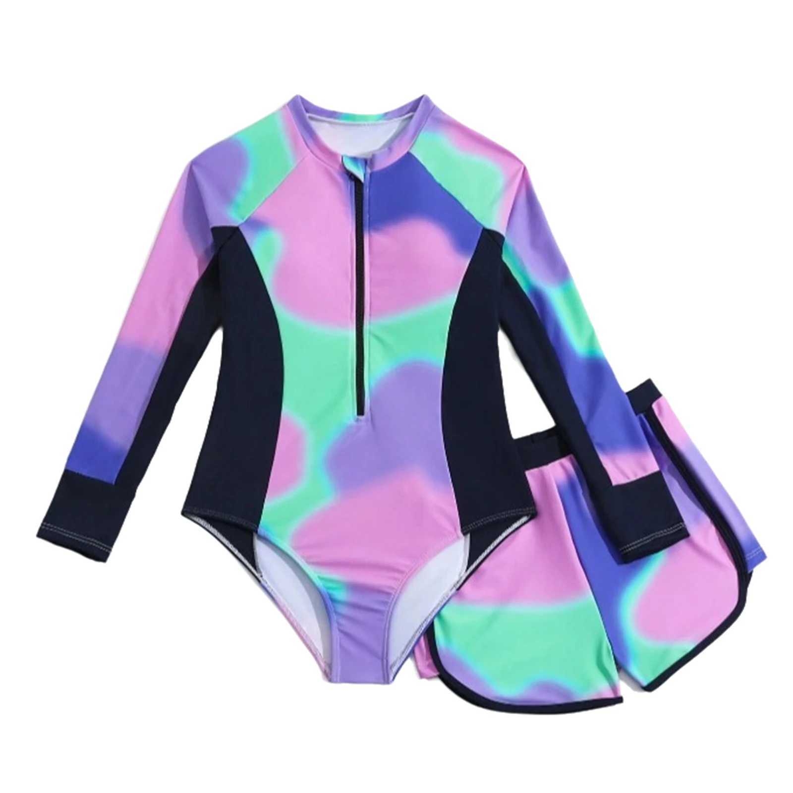 Kids Girls Two Pieces Rash Guard Swimsuit Swimwear Zip Front Long Sleeve Swim Jumpsuit with Shorts Set Summer Beach Bathing Suit X250224