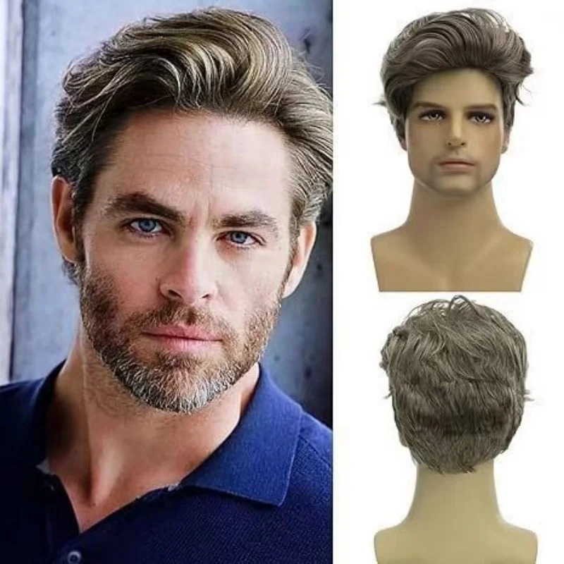 Synthetic wig gradient brown fluffy slant bangs short Wig for men 250224
