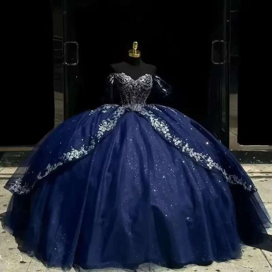 Navy Blue Ball Gown Appliques Lace Off Shoulder Quinceanera Dresses Tull Corset Vestidos 15 De Anos Customized