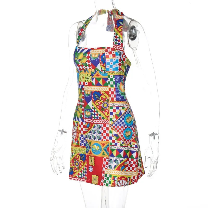 Bandage Halter Sexy Y2K Print Party Club Birthday Mini Dress Outfits Women Summer Streetwear Backless Bodycon Dresses Vestido 250225
