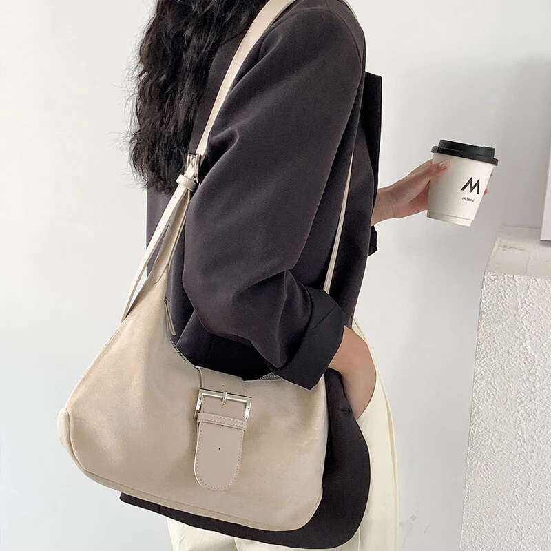 Korean Faux Suede Hobos Bags For Women Designer Handbags And Purses 2023 New In Belt Buckle Underarm Shoulder Messenger