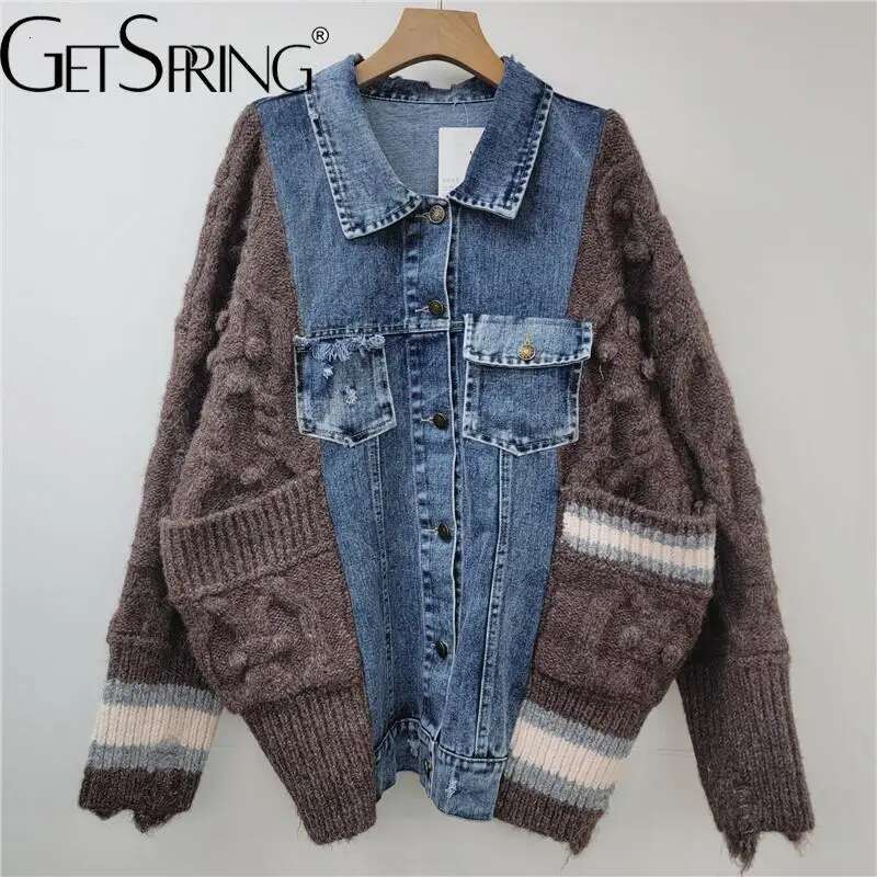 Getspring Women 2024 Autumn Denim Ed Knitted Cardigan Fashion All Match Single Breasted Losoe Casual Knit Sweater