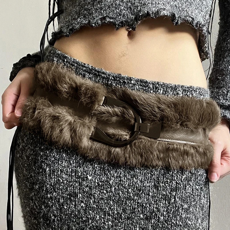 SUCHCUTE Faux Fur Patchwork Pu Leather Belt Vintage 2000s Fashion Accessories Womens Outdoor Skirts Decorative Winter Waistband 250221