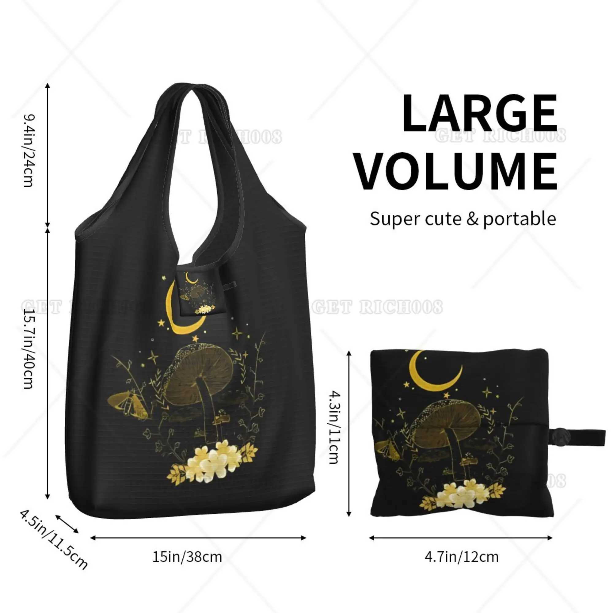 Mushroom and Moon Gothic Shopper Bag Portable Tote Bag Recyclable Grocery Bags Women Hand Bag for Shopping Outdoor Foldable Z250224