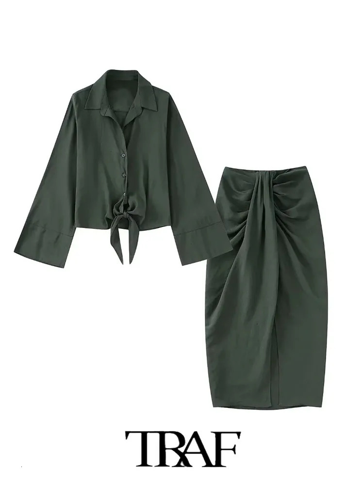 TRAF Fashion 2 Piece Knotted Cropped Shirt TopKnotted Skirt 2023 Summer Shirts Two Sets 250222