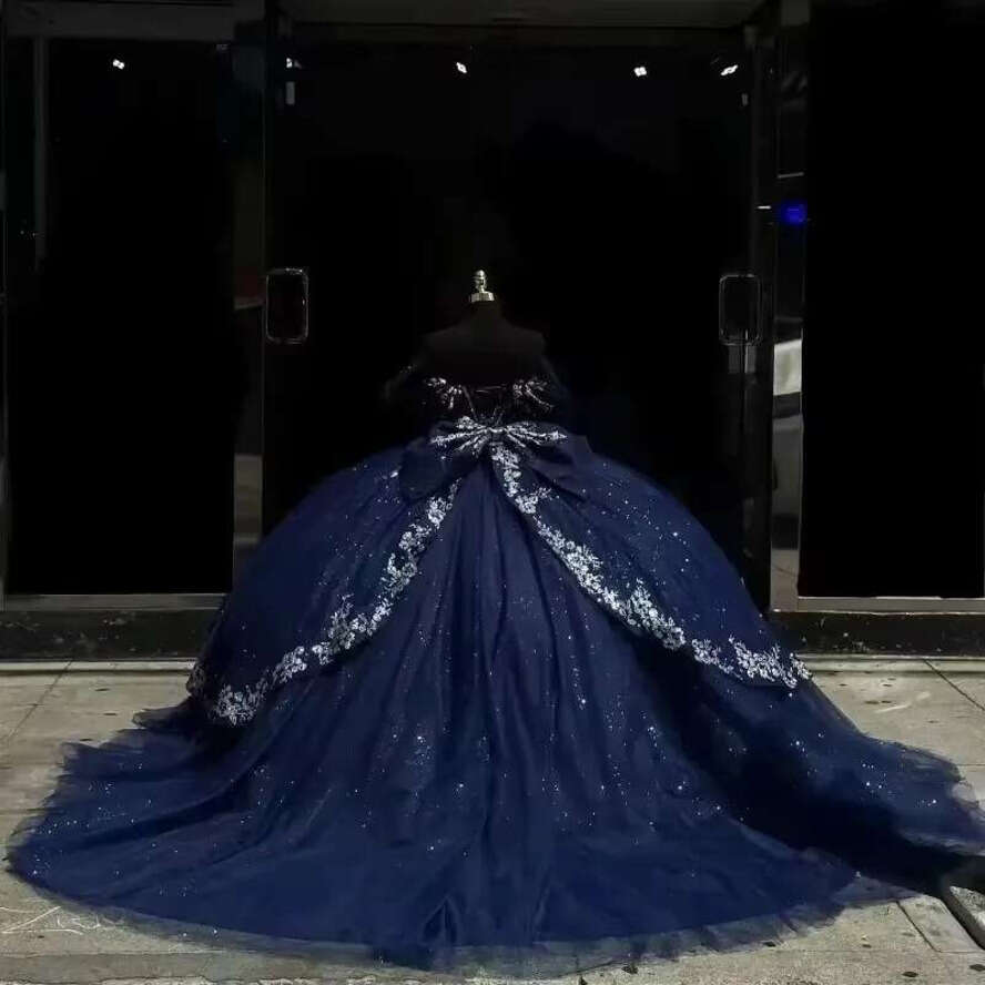 Navy Blue Ball Gown Appliques Lace Off Shoulder Quinceanera Dresses Tull Corset Vestidos 15 De Anos Customized